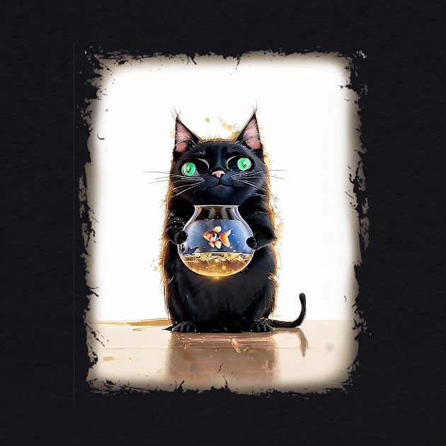 Black Cat Holding a Goldfish in a Fish Bowl by candiscamera